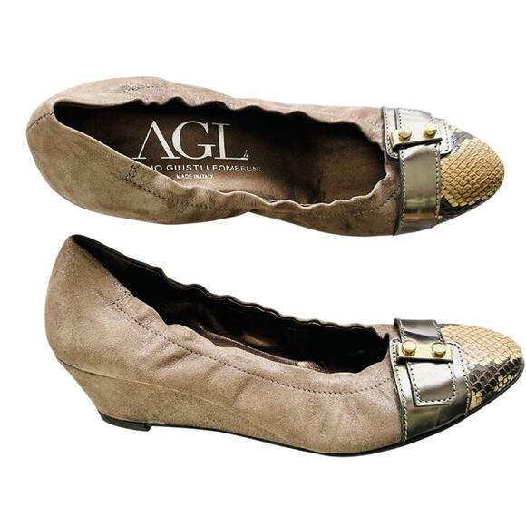 AGL Cap Toe Low Wedge Brown Suede Size 39 Snake Buckle Comfort - Picture 1 of 9